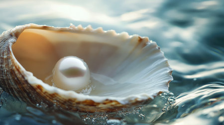 Beautiful close-up of a pearl in an open shell, submerged in water, capturing the serene and precious nature of sea jewelsの素材