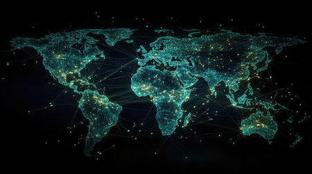 A digital world map with interconnected points, representing worldwide business, information exchange, and telecommunication networks.の素材