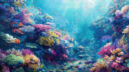 Detailed anime artwork of a coral reef, highlighting the vivid colors and dynamic marine lifeの素材