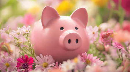 Pink piggy bank surrounded by blooming flowers, representing the growth of savings and financial prosperityの素材