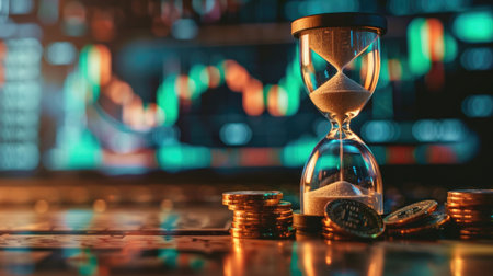 An hourglass pouring sand onto stacks of bitcoin coins, symbolizing time and investment in cryptocurrency, with a blurred stock graph in the backgroundの素材