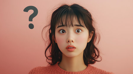 Close-up of an anxious Asian woman with a question mark hovering above her, set against a plain background, embodying curiosity and decision-makingの素材