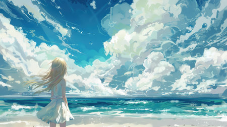 Illustration of a blonde-haired girl on a serene beach, looking out at the ocean with a sky full of swirling clouds in anime styleの素材