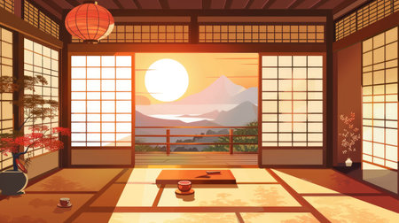 A cozy Japanese tea house interior with sliding shoji doors and traditional decor.の素材