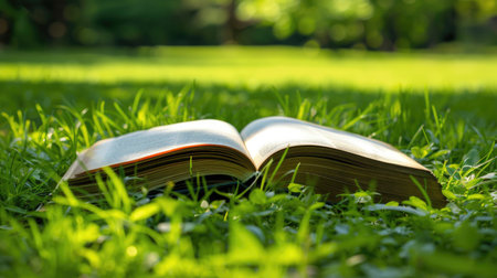 Peaceful and relaxing image of an open book placed on a bed of green grass, providing a serene backdrop for literary concepts or relaxation themesの素材