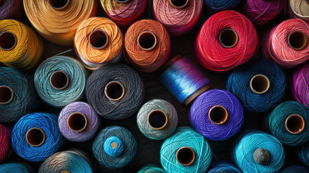 Top view of a diverse assortment of thread spools in vivid colors, arranged neatly to inspire sewing enthusiasts and artisansの素材