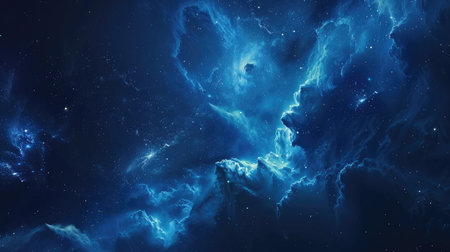 Space-themed background featuring a deep blue nebula cloud, evoking a sense of wonder and discoveryの素材