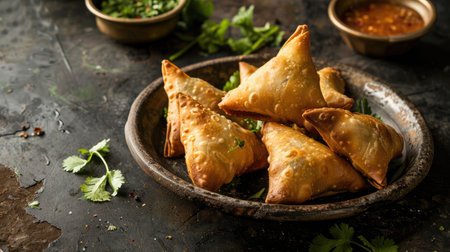 Artistic presentation of homemade samosas on a rustic plate, highlighting their delicious texture and traditional Indian flavorsの素材
