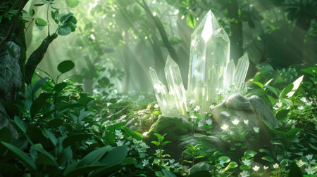 Artistic depiction of a sparkling crystal amidst lush greenery and dappled sunlight, creating a magical atmosphere in an enchanted forestの素材