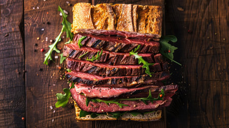 Top view of a delectable pastrami sandwich served on a wooden table, with crispy bread and juicy meat slices, perfect for a gourmet food conceptの素材