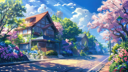 Whimsical anime neighborhood with a quaint house on a quiet street, accented by colorful flowers and soft sunlightの素材