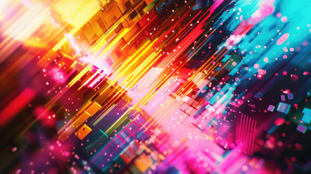 A vibrant abstract background with digital glitch effects and bright colors.の素材