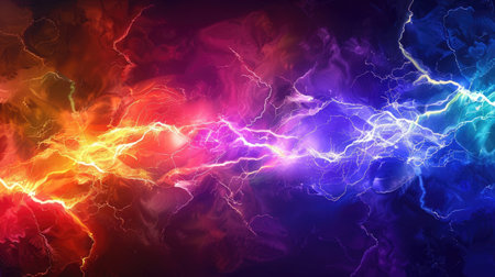 Abstract background featuring vibrant rainbow-colored lightning strikes, evoking energy and dynamic motion in a futuristic styleの素材
