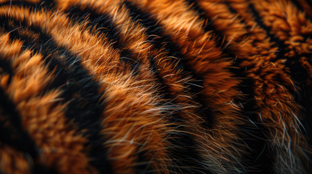 Macro shot of tiger fur, emphasizing the rich orange and black stripes, perfect for wildlife and texture themesの素材