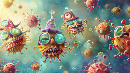 Humorous depiction of viruses wearing silly hats and glasses, floating against a colorful backdropの素材