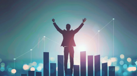 A male businessman in a suit standing triumphantly on a rising graph, arms raised in celebration, symbolizing success and growthの素材