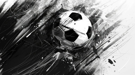 Artistic black and white rendering of a soccer ball with abstract brush strokes and high contrast elementsの素材