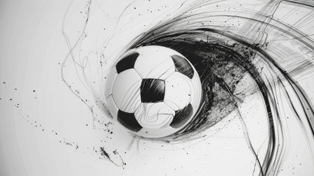 Minimalistic black and white abstract art depicting a soccer ball in motion, surrounded by swirling linesの素材