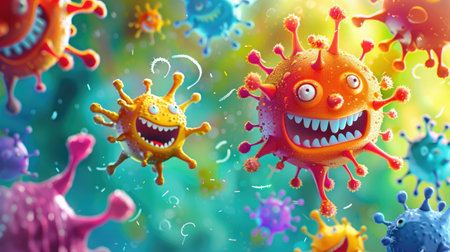 Whimsical virus icons with goofy smiles and quirky details on a cheerful, vibrant backgroundの素材
