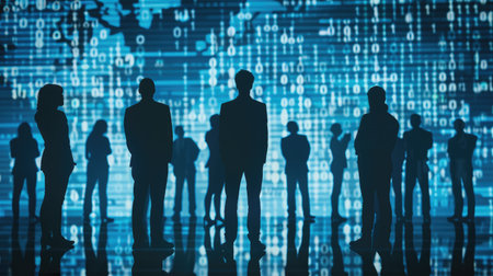 Silhouettes of a team of AI software engineers standing in front of screens displaying binary code and software information, symbolizing technology and innovationの素材