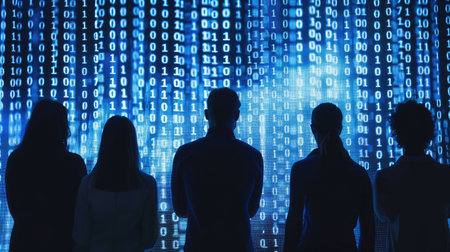 Team of artificial intelligence engineers silhouetted against screens displaying binary numbers and software data, symbolizing innovation and teamwork in technologyの素材