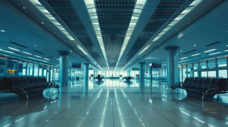 A deserted airport terminal with automated systems.の素材