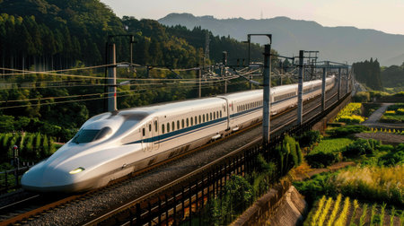 A bullet train speeding through a rural area.の素材
