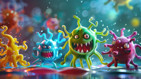Cartoonish virus characters with exaggerated expressions and vibrant colors on a playful backgroundの素材