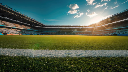 Wide-angle shot of a sun-drenched soccer field, empty yet inviting, set against a backdrop of distant cheering fans in the stands.の素材