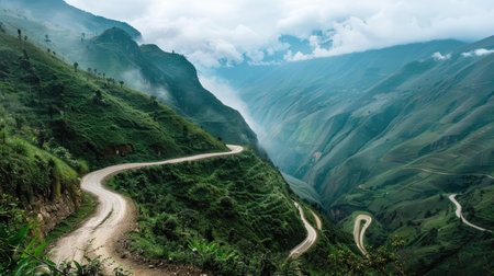A mountain pass road with switchbacks and scenic viewsの素材