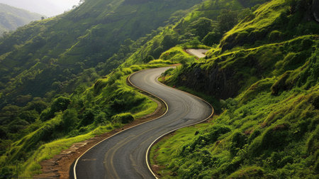 A scenic mountain road with sweeping curves.の素材