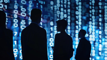 Team of artificial intelligence engineers silhouetted against screens displaying binary numbers and software data, symbolizing innovation and teamwork in technologyの素材