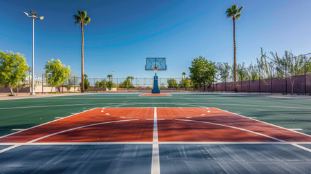 A deserted outdoor basketball court on a sunny day, with vibrant court markings and clear skies, capturing the calm and peaceful atmosphere.の素材