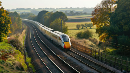 A high-speed train zooming along a scenic countryside route.の素材