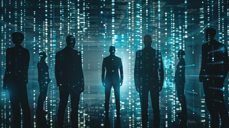 Silhouettes of a team of AI software engineers standing in front of screens displaying binary code and software information, symbolizing technology and innovationの素材