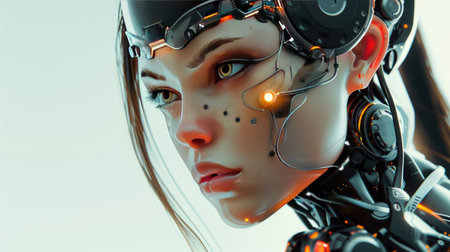 Portrait of a futuristic woman with robotic elements integrated into her appearance, highlighting the fusion of organic and synthetic features in sci-fi aesthetics.の素材