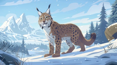 A cartoon lynx in the snowy wilderness, representing Russia.の素材