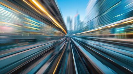 A high-speed train moving through an urban landscape.の素材
