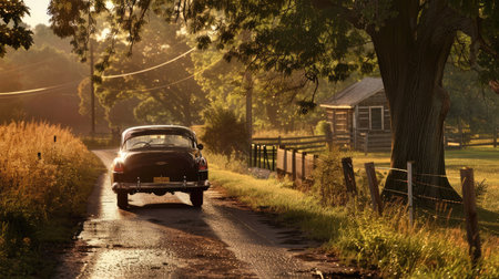 A quiet country road with a vintage car.の素材