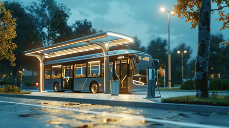 An electric bus charging at a modern bus stop.の素材