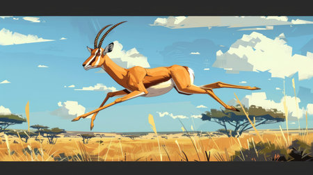 A cartoon springbok jumping through the savanna, symbolizing South Africa.の素材