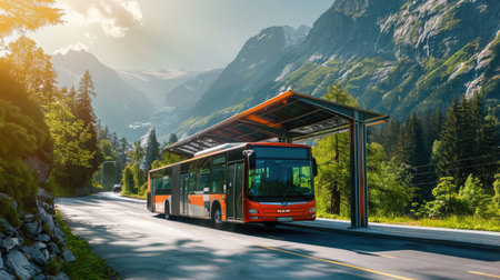 An electric bus charging at a solar-powered station.の素材