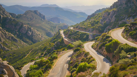 A mountain pass road with switchbacks and scenic viewsの素材