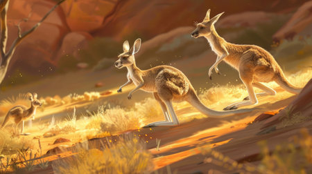 A cartoon kangaroo family hopping through the Australian outback.の素材