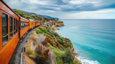 A scenic coastal railway line with ocean views.の素材