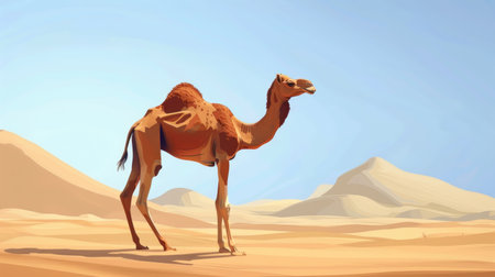 A cartoon camel walking through a desert, symbolizing Saudi Arabia.の素材