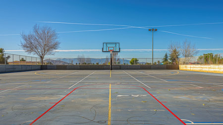 A deserted outdoor basketball court on a sunny day, with vibrant court markings and clear skies, capturing the calm and peaceful atmosphere.の素材
