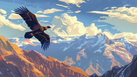 A cartoon Andean condor soaring above the Andes Mountains, representing Chile.の素材