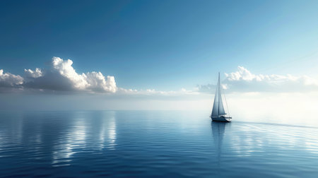 A sleek yacht sailing on a calm, blue sea.の素材