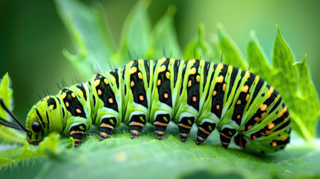 Close-up photo of a monarch caterpillar's striped green and black body, illustrating its transformation into a butterfly and lifecycle in garden habitats.の素材